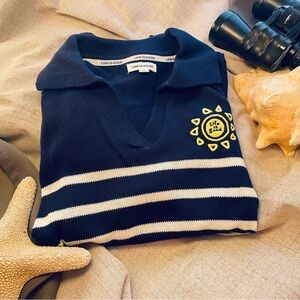 Life Is Good Navy V-Neck Sweater with White Stripes and Yellow Sun